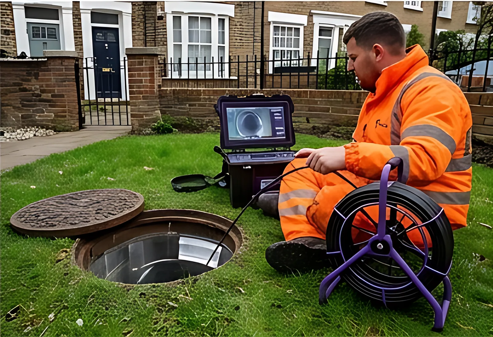 Velox engineer carrying out a CCTV drain survey in a front garden