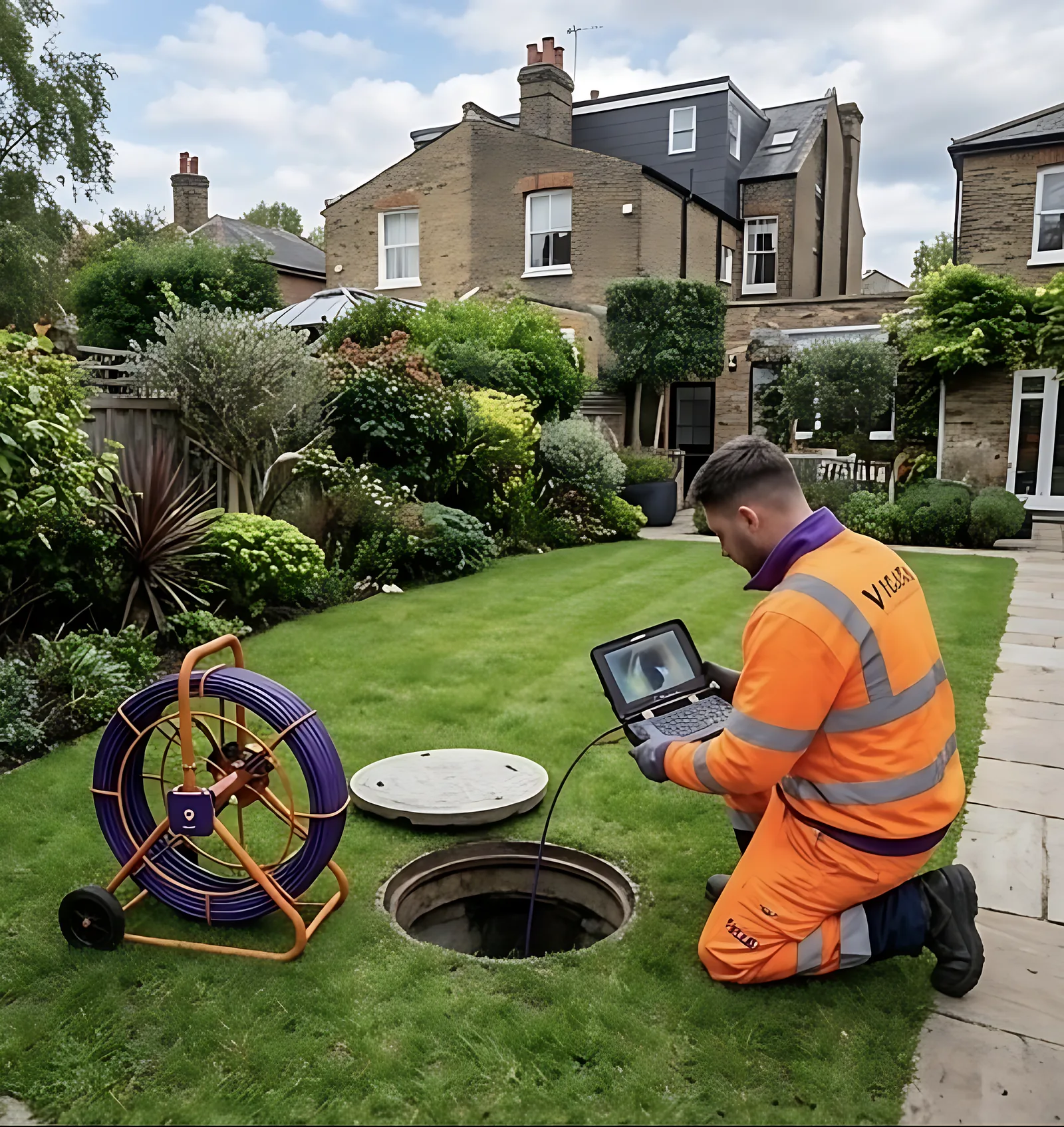 Velox engineer surveying a drain in a London back garden with a camera reel