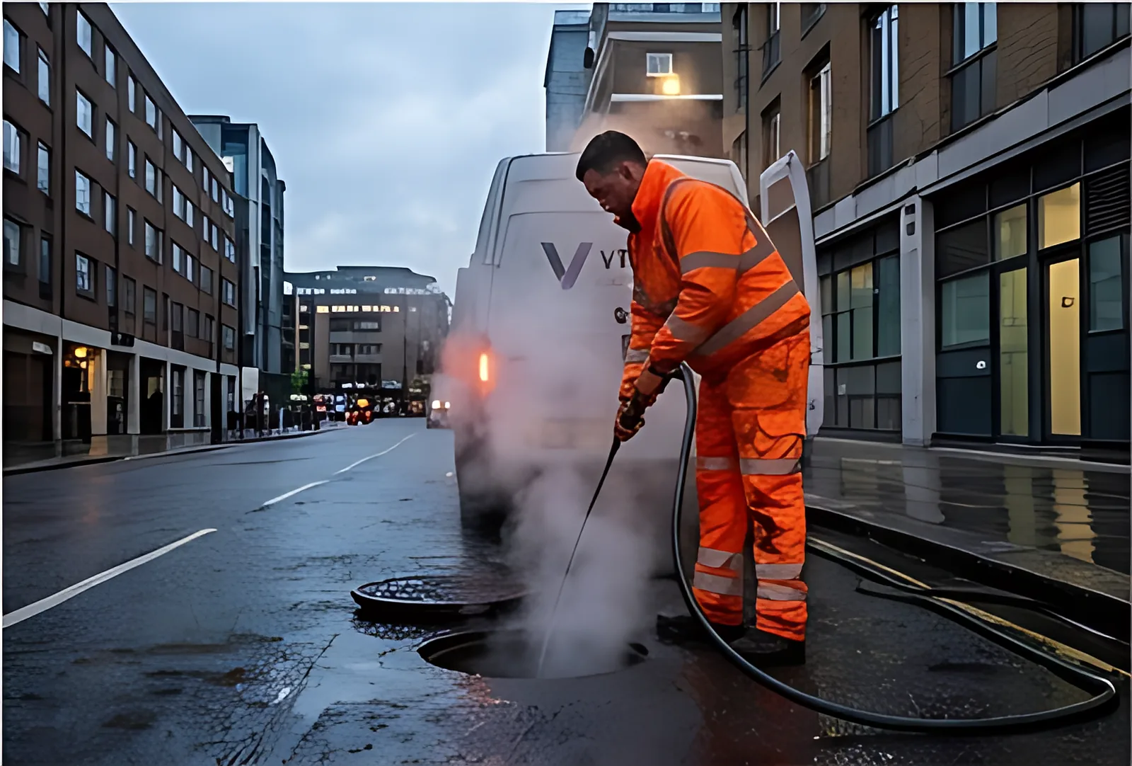 Velox engineer jetting a street drain beside the van