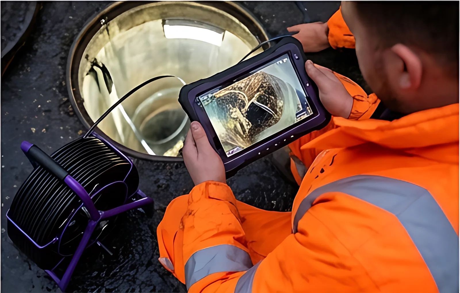 Engineer checking drain camera footage on a tablet above an open manhole