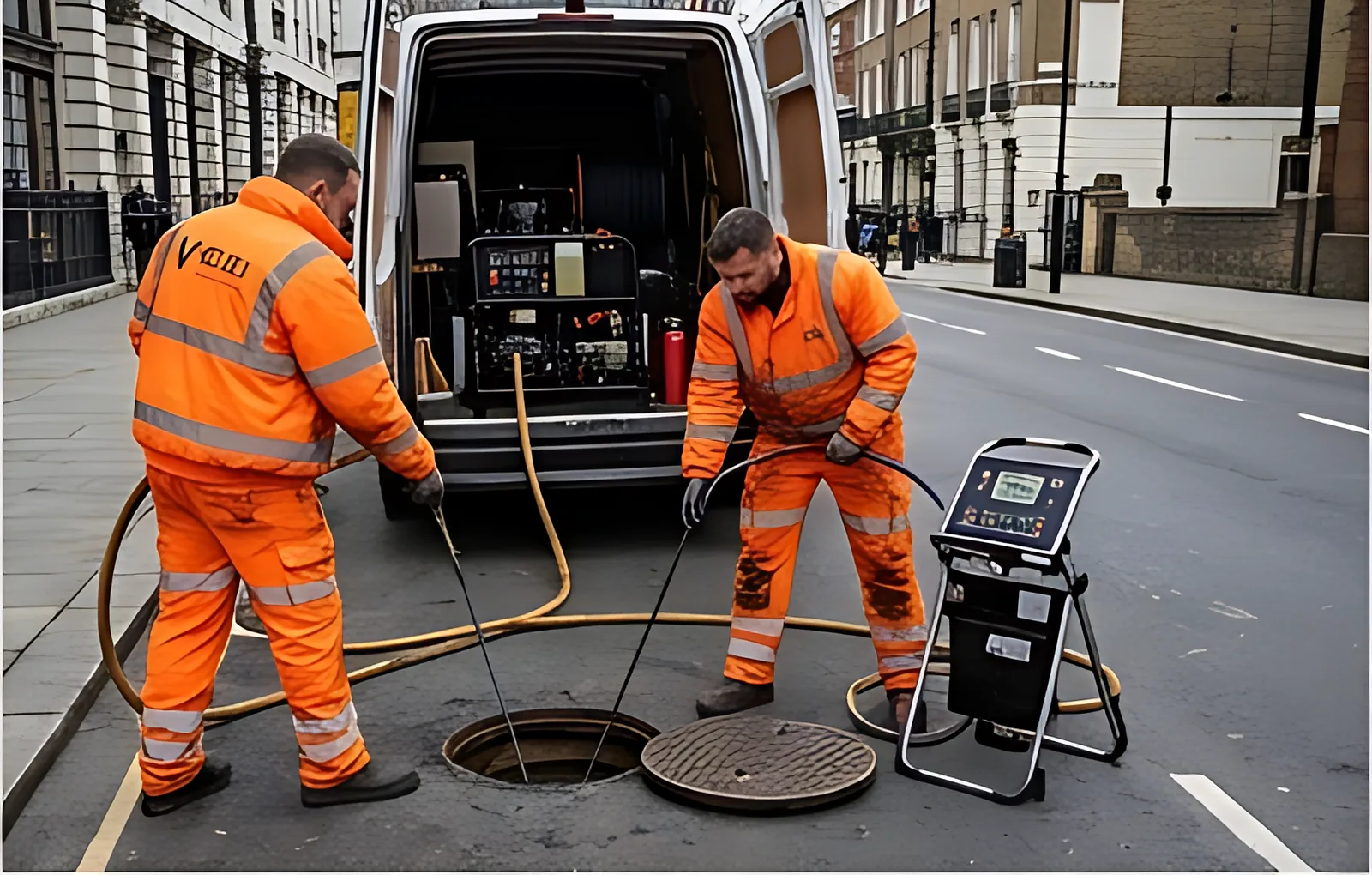 Two Velox engineers jetting a drain through an open manhole