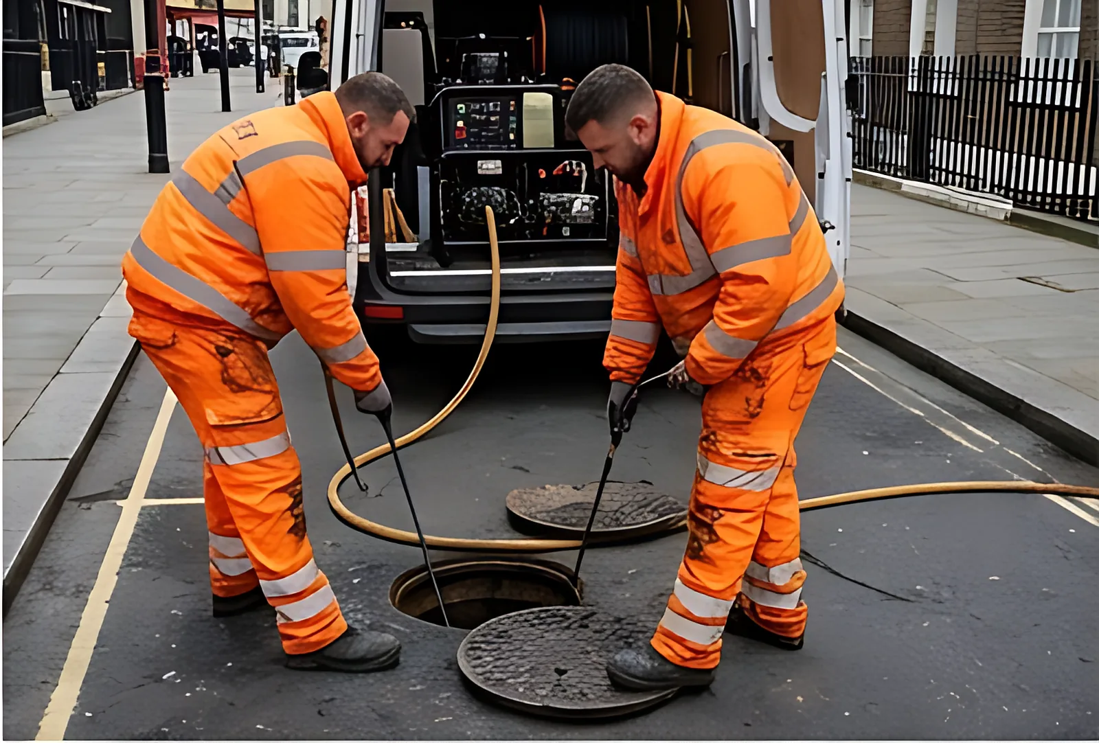 Two Velox engineers clearing an overflowing manhole