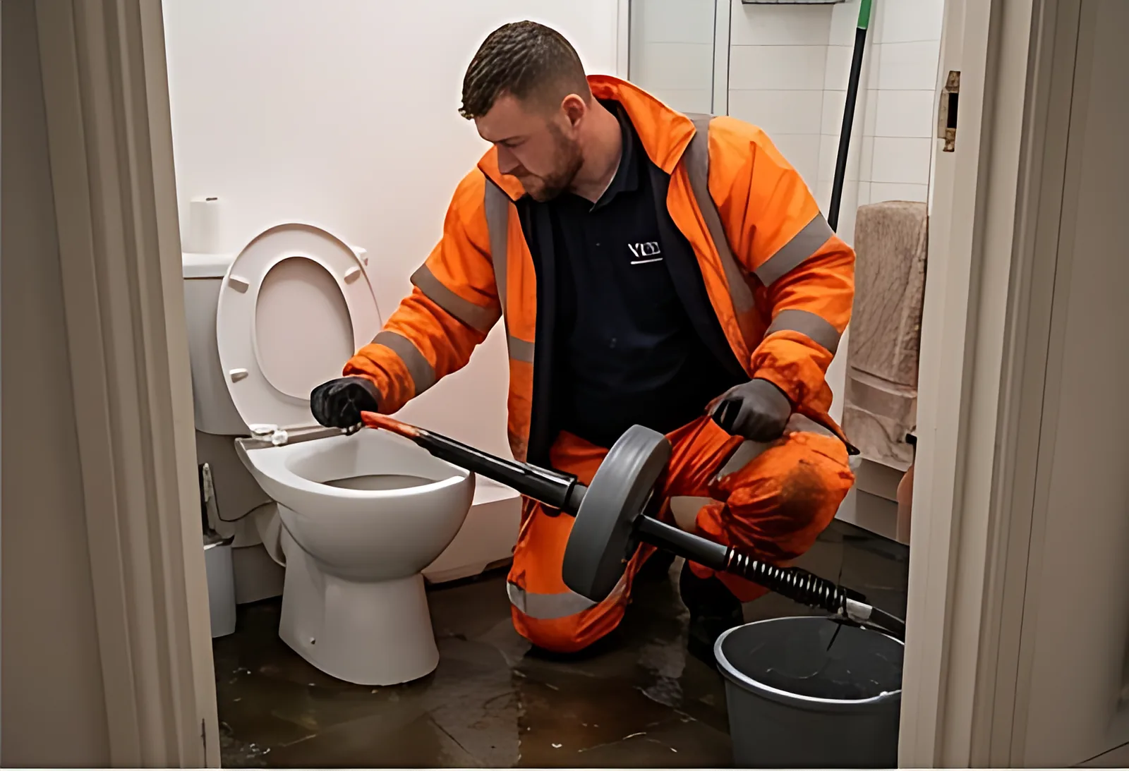 Velox engineer clearing a blocked toilet with drain equipment