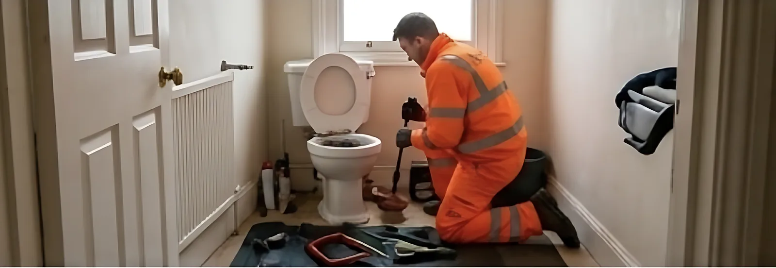 Velox engineer kneeling on a protective mat while clearing a blocked toilet