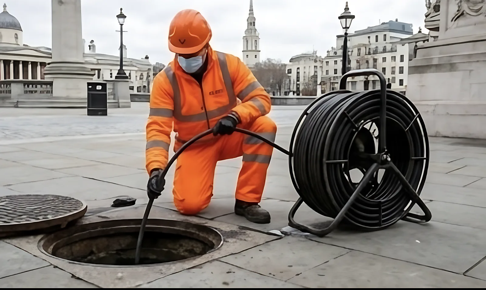 Velox engineer feeding drain rods from a reel into a manhole in Trafalgar Square
