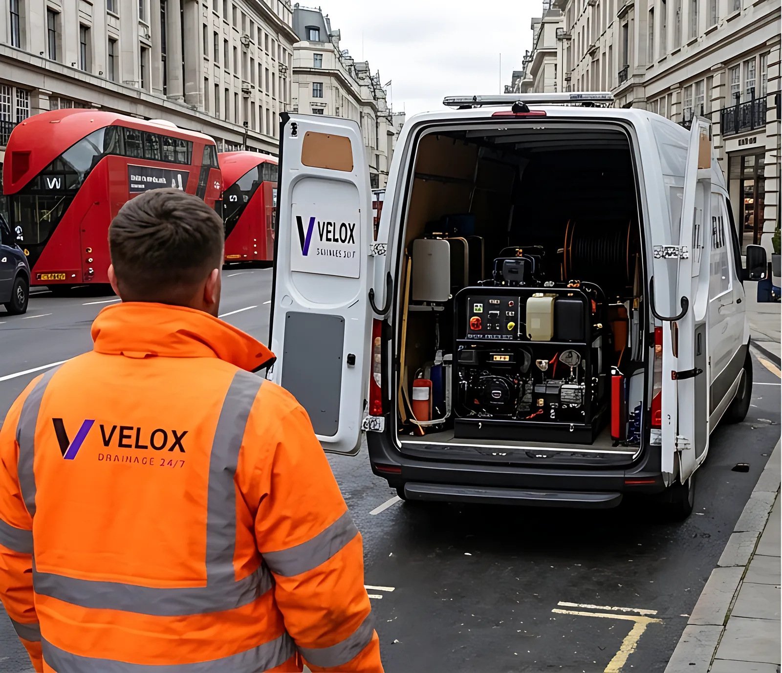 Velox engineer beside an open drainage van on a London street with red buses behind
