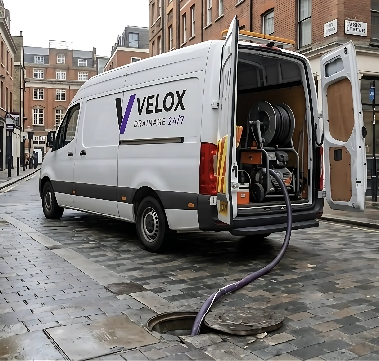 Velox Drainage 24/7 van with jetting equipment and a hose running into an open manhole on a London street