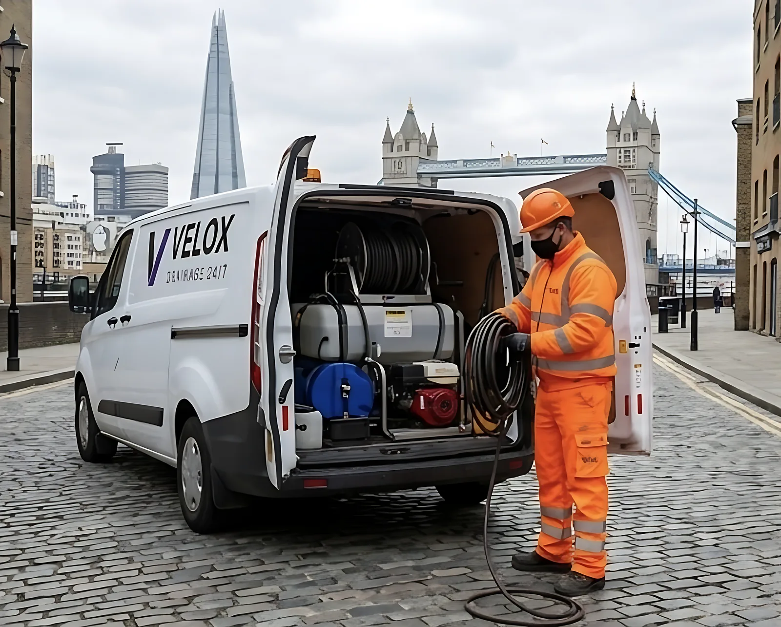Velox engineer coiling jetting hose at the back of the van near Tower Bridge